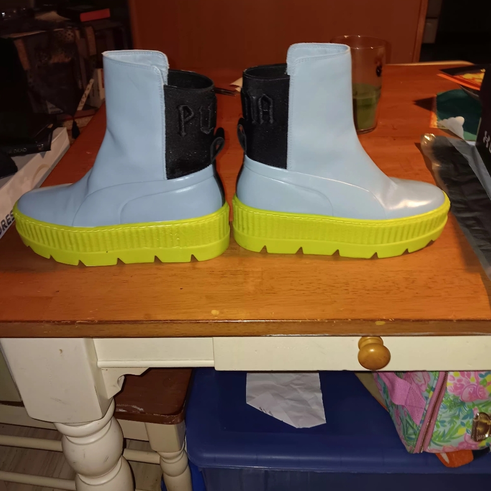 Fenty X Puma Collab Light Blue and Neon Yellow Boots Wms Sz 6